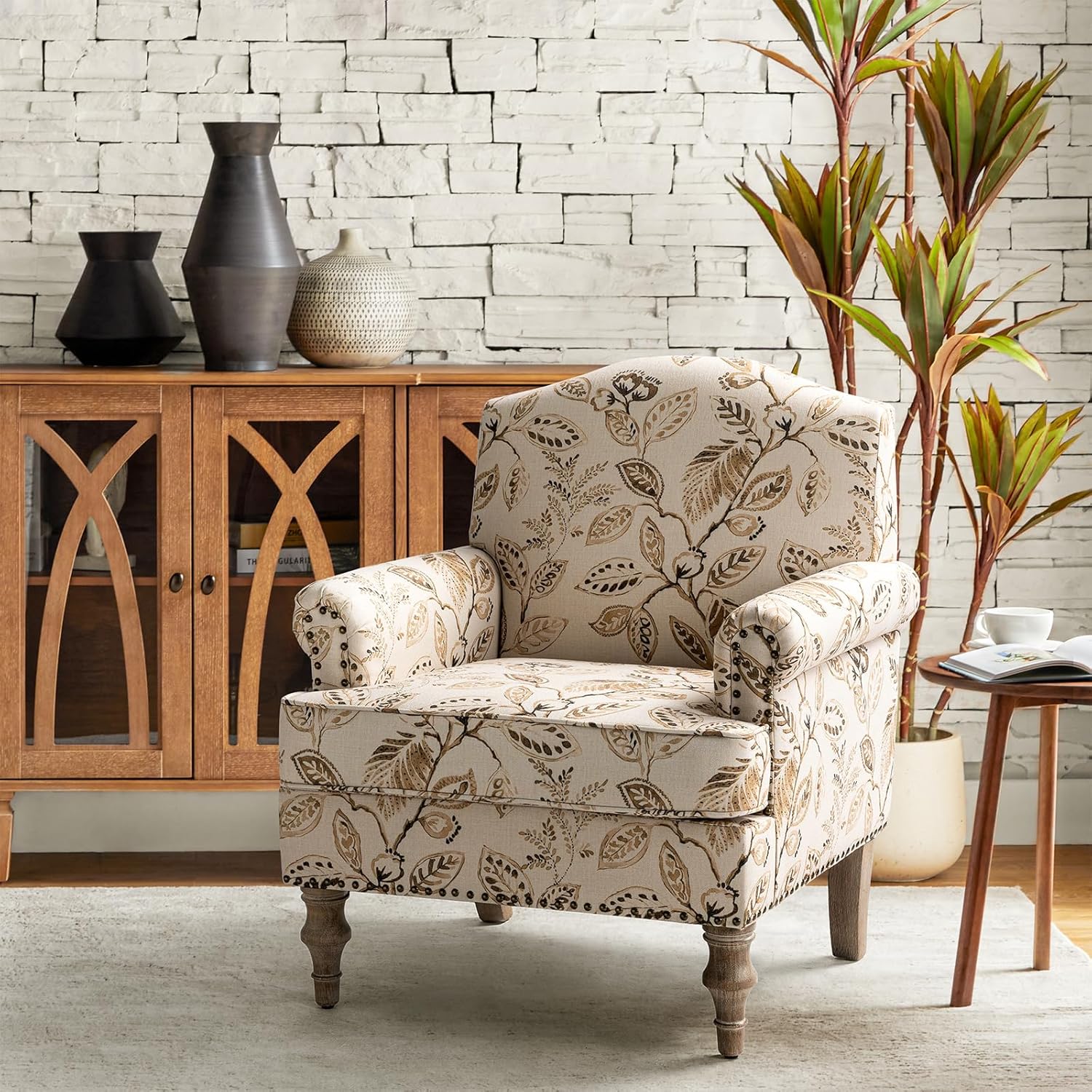 Office Furniture Equipment - # Bloemenbeklede fauteuil met retro houten